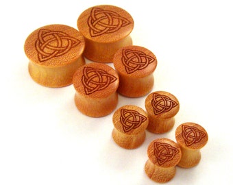 Trinity Celtic Knot Osage Orange Wooden Celtic Plugs PAIR 2g (6.5mm) 0g (8mm) 00g (9mm) 10mm 7/16" 1/2" 9/16" 5/8" 3/4" 7/8" 1" + Triquetra