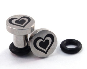 CLEARANCE Heart Beat Single Flared 316L Surgical Steel Plugs - 8g (3mm) 6g (4mm) 4g (5mm) 2g (6mm) Valentine's Day Metal Ear Gauges