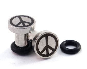 CLEARANCE Peace Sign on 316L Surgical Steel Plugs - Single Flared - 8g (3mm) 6g (4mm) 4g (5mm) 2g (6mm) Peace Symbol Metal Ear Gauges