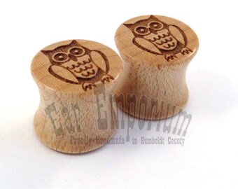 Owl Maple Wooden Plugs PAIR 2g (6.5mm) 0g (8mm) 00g (9mm) (10mm) 7/16" (11mm) 1/2" 13mm 9/16" 14mm 5/8" 16mm 3/4" 19mm 7/8" 22mm Ear Gauges