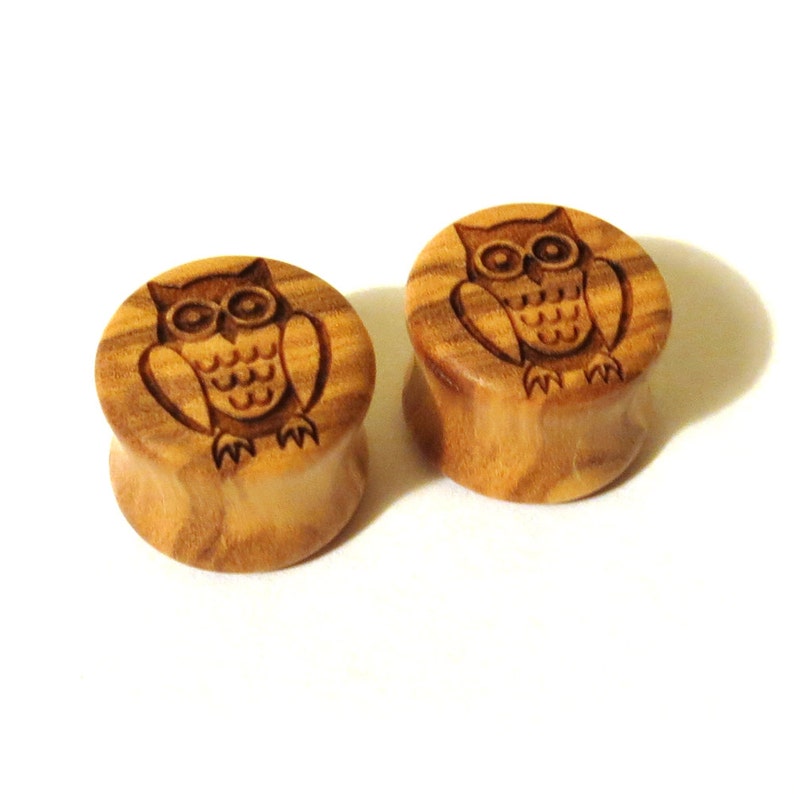 Owl Olivewood Wooden Plugs - PAIR - 2g (6.5mm) 0g (8mm) 00g (9mm) (10mm) 7/16