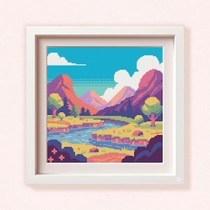 Fantasy RPG Cross Stitch Pattern, River Valley Pixel Art, Adventure Game Retro 16-bit Landscape