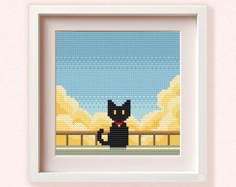 Black Cat on Balcony Cross Stitch Pattern PDF - Small Embroidery Design with Golden Clouds