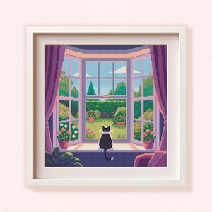 Cat Window Cross Stitch Pattern: Garden View Pixel Art, Tuxedo Kitten Cozy Home Decor