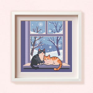 Two Cats by Window Cross Stitch Pattern: Cozy Winter Scene Embroidery Design (PDF Pattern)
