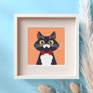 Peut inclure: Une œuvre d'art au point de croix encadrée représentant un chat noir avec une poitrine blanche et un nœud papillon rouge. Le chat a des yeux jaunes et des moustaches blanches. Le fond est orange et le cadre est blanc.