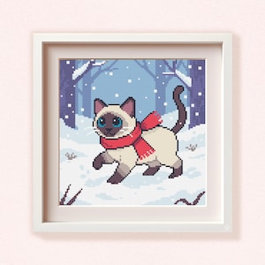 Siamese Cat in Red Scarf Cross Stitch Pattern: Winter Kitty Embroidery Design (PDF Pattern)