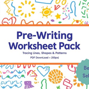 Puede incluir: Un paquete de hojas de trabajo colorido con el texto "Pre-Writing Worksheet Pack" en un marco rectangular blanco y naranja. El fondo está lleno de varias formas y patrones multicolores. Una insignia turquesa de "Best Seller" está en la esquina inferior derecha.