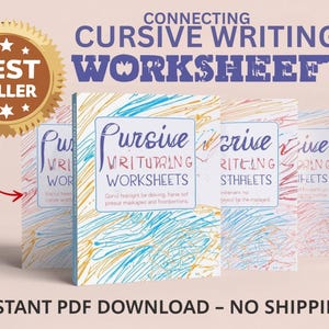 May include: A collection of cursive writing worksheets with abstract patterns in blue, yellow, and red. Each worksheet is titled "Pursive Writing Worksheets". The image also includes the text "Connecting Cursive Writing Worksheets" and a "Best Seller" badge.