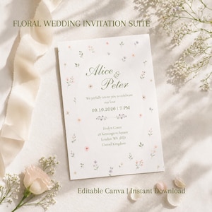 Pode incluir: Um conjunto de convites de casamento florais com os nomes "Alice & Peter". O convite inclui a data 09.10.2026 e a hora 19:00. O design apresenta delicados detalhes florais e o texto "Editable Canva | Instant Download."