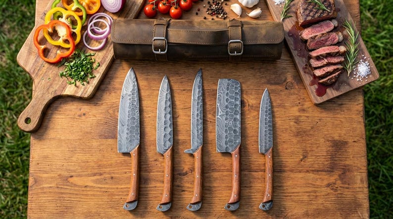 May include: A collection of five handcrafted knives with wooden handles, arranged on a wooden surface. A brown leather knife roll is visible, along with a cutting board with sliced vegetables and a steak. The knives have textured blades.