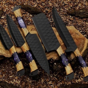 Damaszener Kochmesser Set | Geschmiedet Küchenmesser mit Leder Rolle, Geschenk zum Geburtstag Bild 6