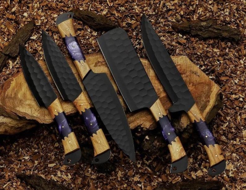 Damaszener Kochmesser Set | Geschmiedet Küchenmesser mit Leder Rolle, Geschenk zum Geburtstag Bild 6