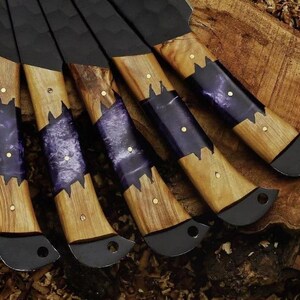 Damaszener Kochmesser Set | Geschmiedet Küchenmesser mit Leder Rolle, Geschenk zum Geburtstag Bild 7