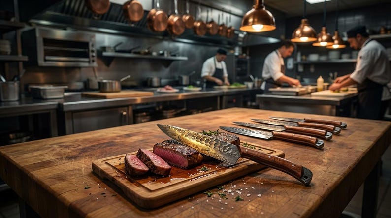 May include: A professional kitchen scene with a wooden butcher block table. Sliced steak on a wooden cutting board with a large knife. Several other knives with wooden handles are lined up. Chefs are working in the background.