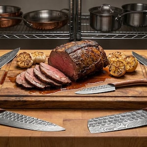 May include: A cooked roast beef with sliced portions, roasted garlic, and lemons on a wooden cutting board. Six knives with wooden handles surround the board. Kitchen utensils and bottles are in the background.