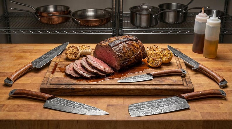 May include: A cooked roast beef with sliced portions, roasted garlic, and lemons on a wooden cutting board. Six knives with wooden handles surround the board. Kitchen utensils and bottles are in the background.