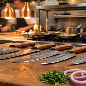 May include: A collection of professional kitchen knives with wooden handles and patterned blades, arranged on a wooden cutting board. Fresh vegetables and herbs are also visible, suggesting culinary use.