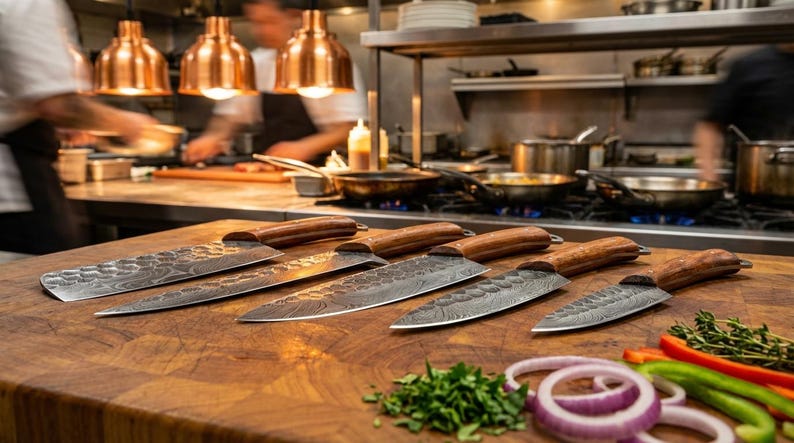 May include: A collection of professional kitchen knives with wooden handles and patterned blades, arranged on a wooden cutting board. Fresh vegetables and herbs are also visible, suggesting culinary use.