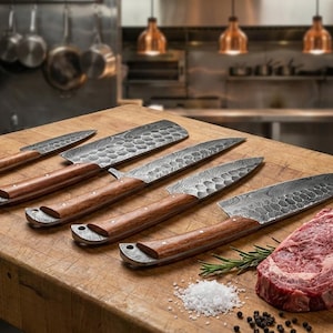 May include: A collection of five kitchen knives with wooden handles and textured blades, arranged on a wooden butcher block. Two raw steaks, rosemary sprigs, salt, and peppercorns are also on the block. The knives vary in size and shape.