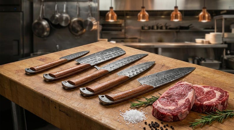 May include: A collection of five kitchen knives with wooden handles and textured blades, arranged on a wooden butcher block. Two raw steaks, rosemary sprigs, salt, and peppercorns are also on the block. The knives vary in size and shape.