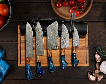 5 Pieces Handmade Knife Set, Hand Forged Chef Knives Kitchen Set Damascus Steel Knives Gift for Her, BLUE Solid Wood Handle