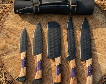 Damascus Chef Knife Set | Forged Kitchen Knives with Leather Roll, Birthday Gift for Her