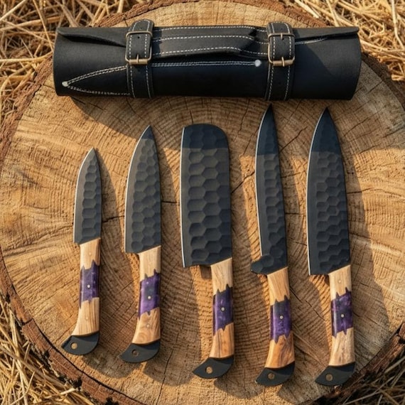 Damascus Chef Knife Set | Forged Kitchen Knives with Leather Roll, Birthday Gift for Her