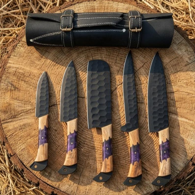 Damaszener Kochmesser Set | Geschmiedet Küchenmesser mit Leder Rolle, Geschenk zum Geburtstag Bild 1