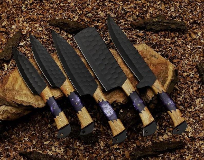Damaszener Kochmesser Set | Geschmiedet Küchenmesser mit Leder Rolle, Geschenk zum Geburtstag Bild 8
