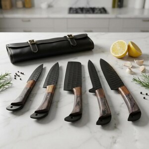 Damaszener Kochmesser Set | Geschmiedet Küchenmesser mit Leder Rolle, Geschenk zum Geburtstag Bild 13