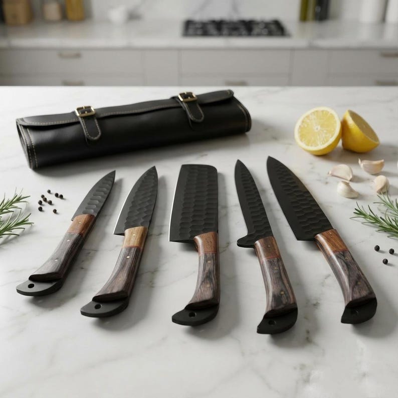 Damaszener Kochmesser Set | Geschmiedet Küchenmesser mit Leder Rolle, Geschenk zum Geburtstag Bild 13