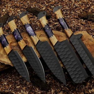 Damaszener Kochmesser Set | Geschmiedet Küchenmesser mit Leder Rolle, Geschenk zum Geburtstag Bild 5