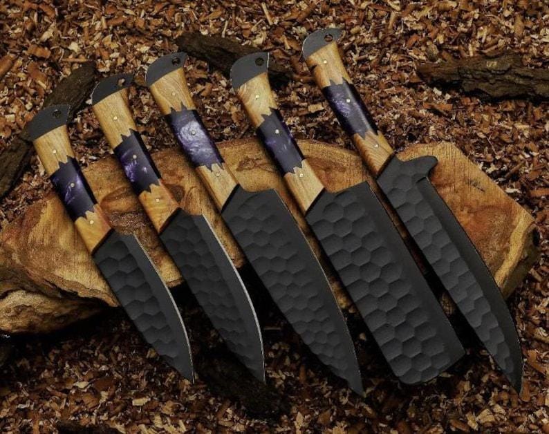 Damaszener Kochmesser Set | Geschmiedet Küchenmesser mit Leder Rolle, Geschenk zum Geburtstag Bild 5