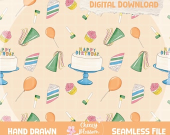 Patrón sin costuras de fiesta de cumpleaños colorida: Papel digital (descarga PNG)