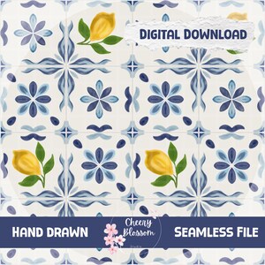 May include: Digital download of a seamless tile pattern. The design features blue floral and geometric patterns with yellow lemons and green leaves on a white background. The words "Digital Download", "Hand Drawn", and "Seamless File" are included.