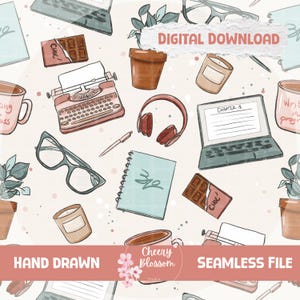 May include: A digital download illustration featuring a writer's workspace. The image includes a typewriter, laptop, headphones, glasses, chocolate, and a notebook. The words "DIGITAL DOWNLOAD", "HAND DRAWN", and "SEAMLESS FILE" are also visible.