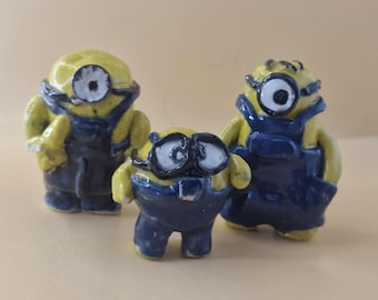 Handmade Ceramic "Minions" Figurine  set of three. Pottery Folk Art