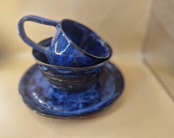 Handmade Ceramic Breakfast Set, Black Celadon Bloom Glazes