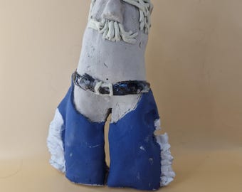 Handmade Ceramic "Monster in cow boy PJs" Figurine Pottery Folk Art