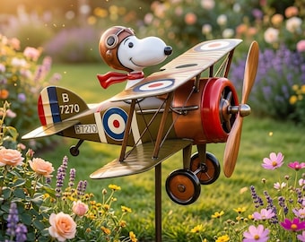 Flying Ace of the Dog Biplane Windmill, Red Baron Inspired Dog Pilot Garden Spinner, 2D Metal Art Lawn Decor, Unique Gift for Aviators Lover
