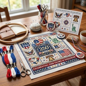 250th Anniversary Cross Stitch Set - USA Semiquincentennial Celebration Kit - Patriotic Sampler with Liberty Bel - DIY Heritage Craft Gift
