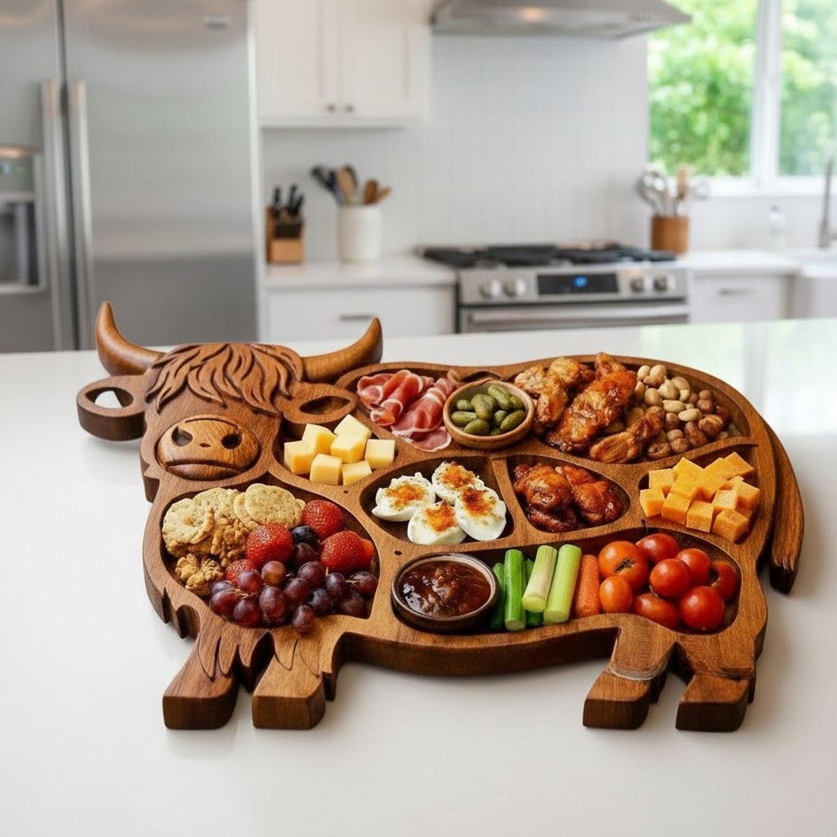 Highland Cow Wooden Charcuterie Board - Handcrafted Highland Coo Cheese Board - Rustic Farmhouse Serving Platter - Unique Housewarming Gift