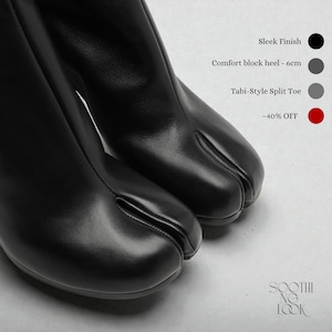 May include: Black Tabi-style split toe boots with a sleek finish and a 6cm comfort block heel. The image includes text that says "-40% OFF".