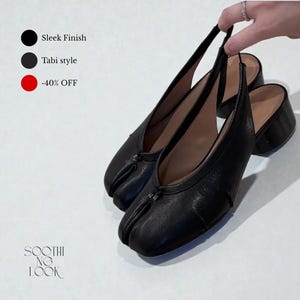 May include: Black Tabi-style slingback heels with a sleek finish. The heels have a split-toe design and a block heel. The image also includes the text "-40% OFF" and "SOOTHING LOOK".