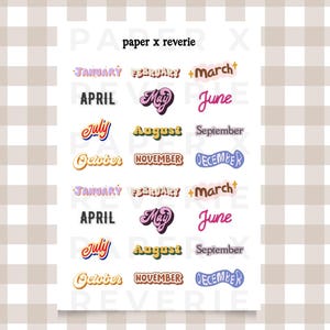 ミニ月間ステッカー、明るいジャンクジャーナルカレンダーラベル、スクラップブックヘッダー（デジタルダウンロード）