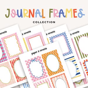 May include: A collection of journal frames with various colorful designs. The text "JOURNAL FRAMES COLLECTION" is displayed at the top. The frames feature patterns like checks, stripes, and wavy lines, with a mix of pink, blue, orange, and green.