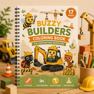 May include: A spiral-bound coloring book titled Buzzy Builders Coloring Book Fun Construction Adventures with 17 pages. The cover features cartoon insects in yellow hard hats operating construction machinery like an excavator and crane.