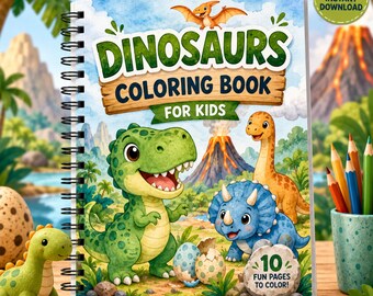 Libro para colorear de dinosaurios, pintura infantil en acuarela (descarga digital)