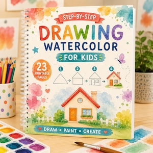 以下が含まれることがあります： Step-by-Step Drawing Watercolor for Kidsというタイトルのスパイラル綴じのドローイングブック。表紙には水彩画のイラスト、23 printable pagesというラベル、家を描くための4ステップのチュートリアルが描かれています。テキストはDraw Paint Create。